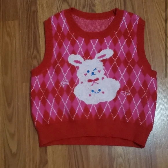 Romwe Knit Vest Top red pink Bunny print size L - Picture 2 of 4